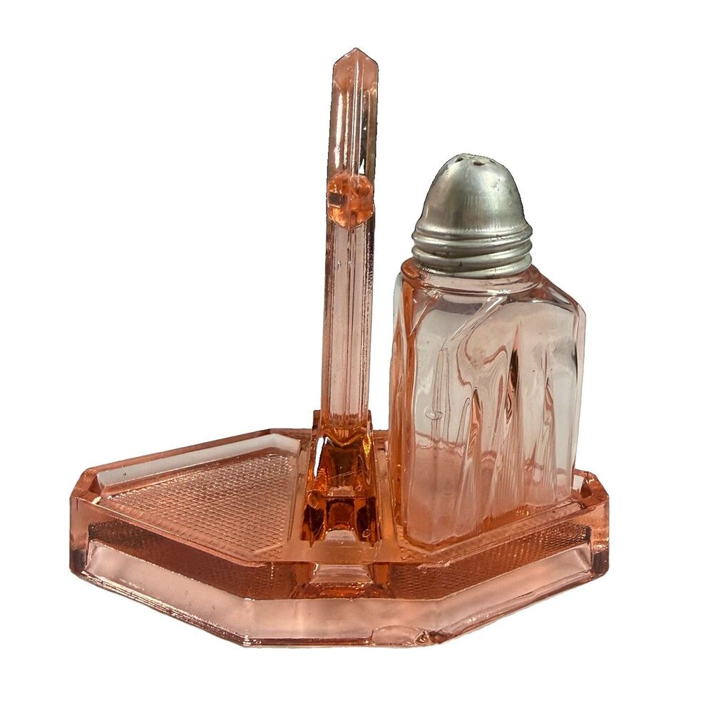 Vintage Pink Depression Glass Condiment Caddy Stand & Single Shaker Art Deco